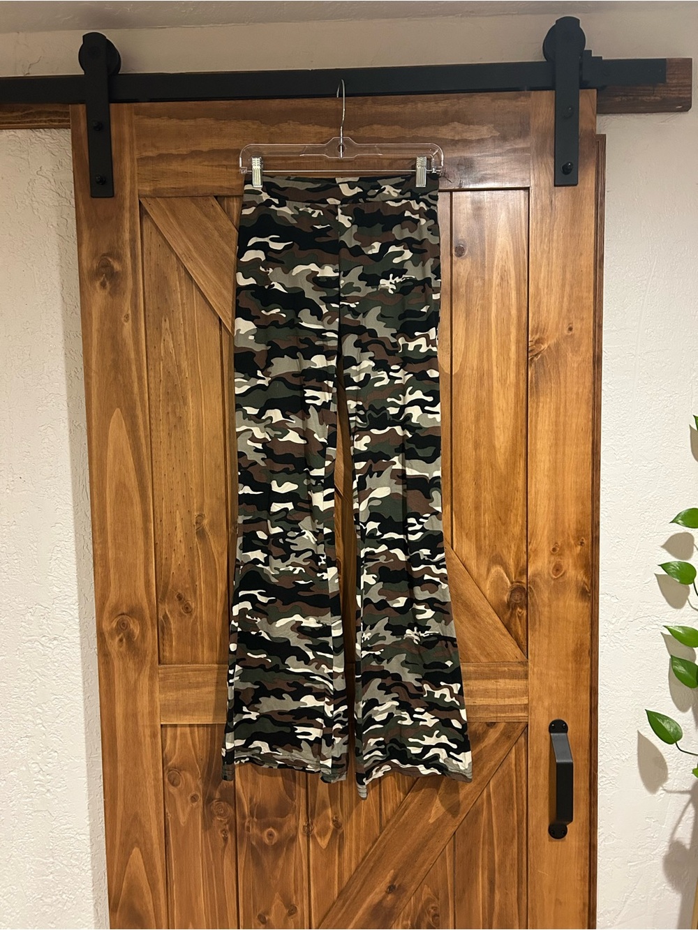 shosho Camo Flare Stretch Pants in Green & Brown Camouflage